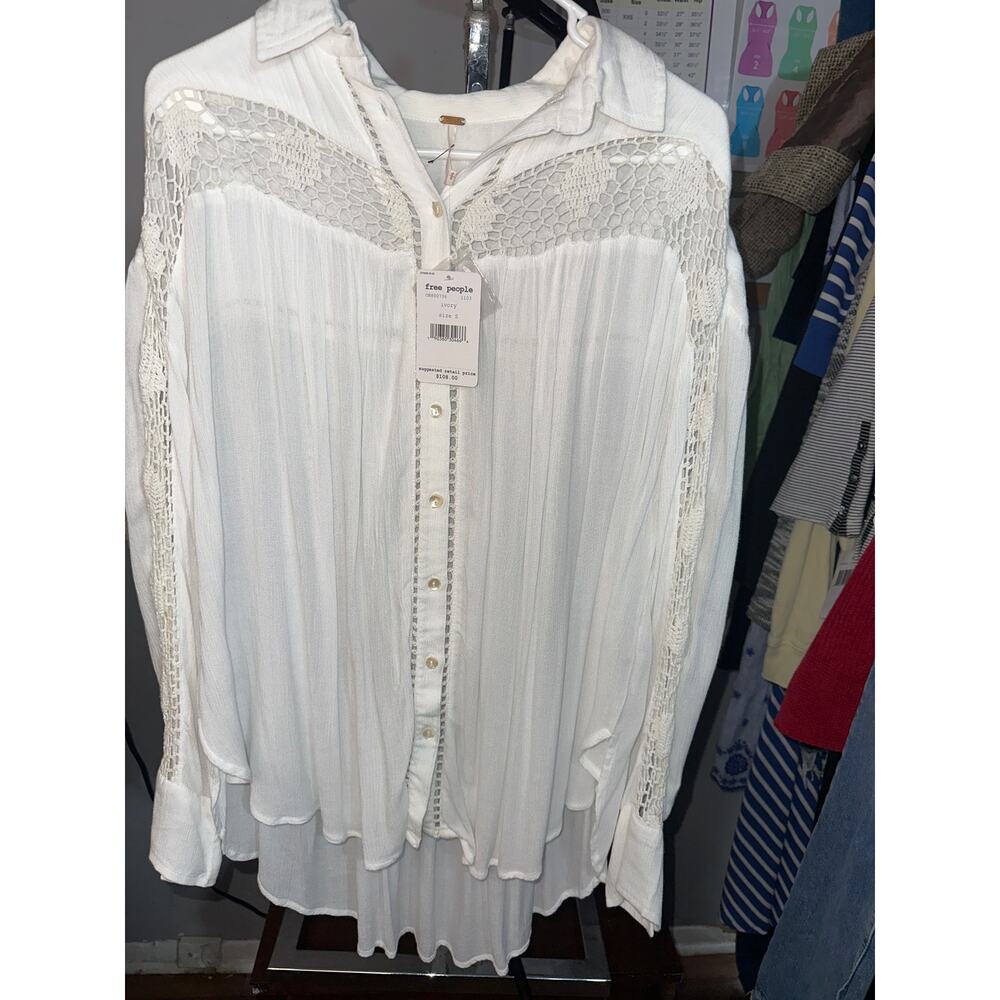 Free People Katie Bird Crochet Inset Button down top - Picture 2 of 11